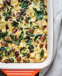 Paleo Breakfast Casserole with Bacon, Sausage, Sweet Potato, and Kale