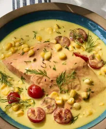 Coconut-Poached Salmon with Corn and Dill