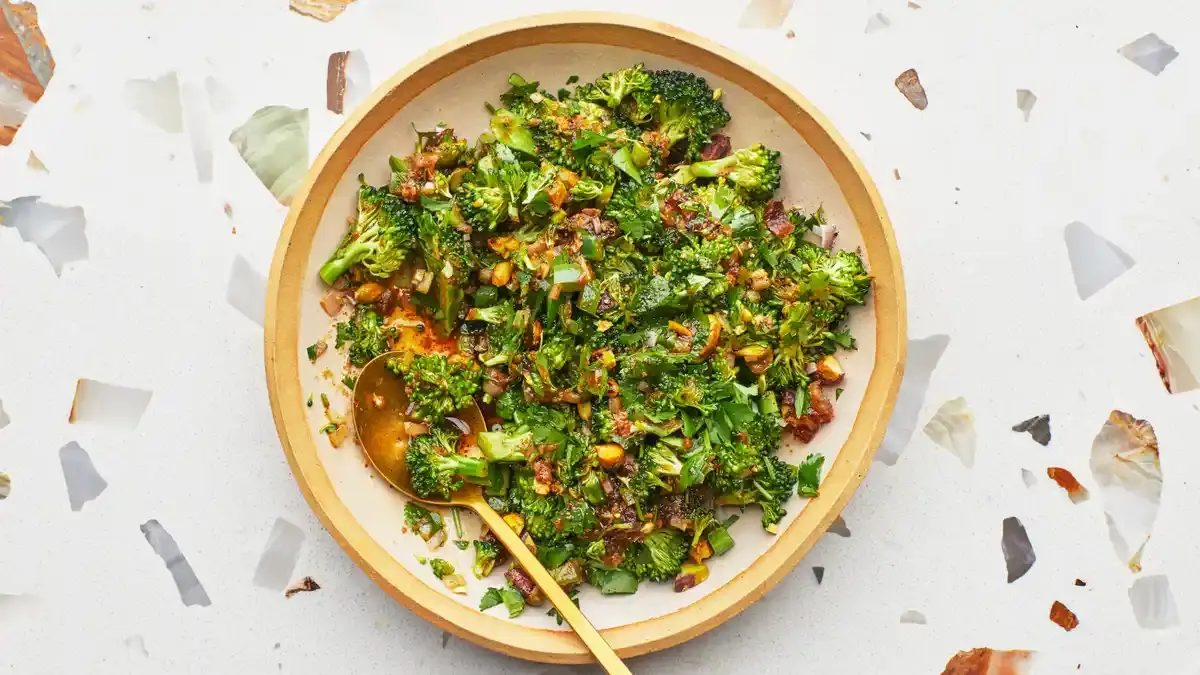Broccoli Spoon Salad with Warm Vinaigrette