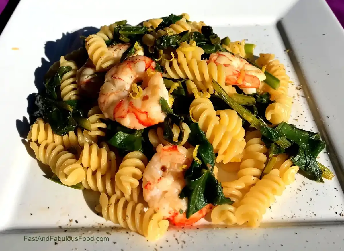 Pasta with Shrimp, Lemon & Beet Greens