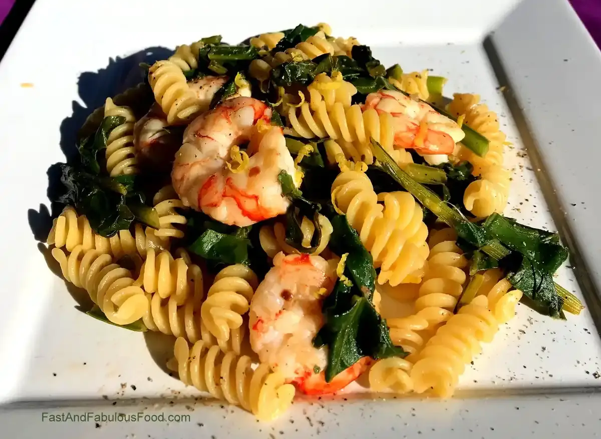 Pasta with Shrimp, Lemon & Beet Greens