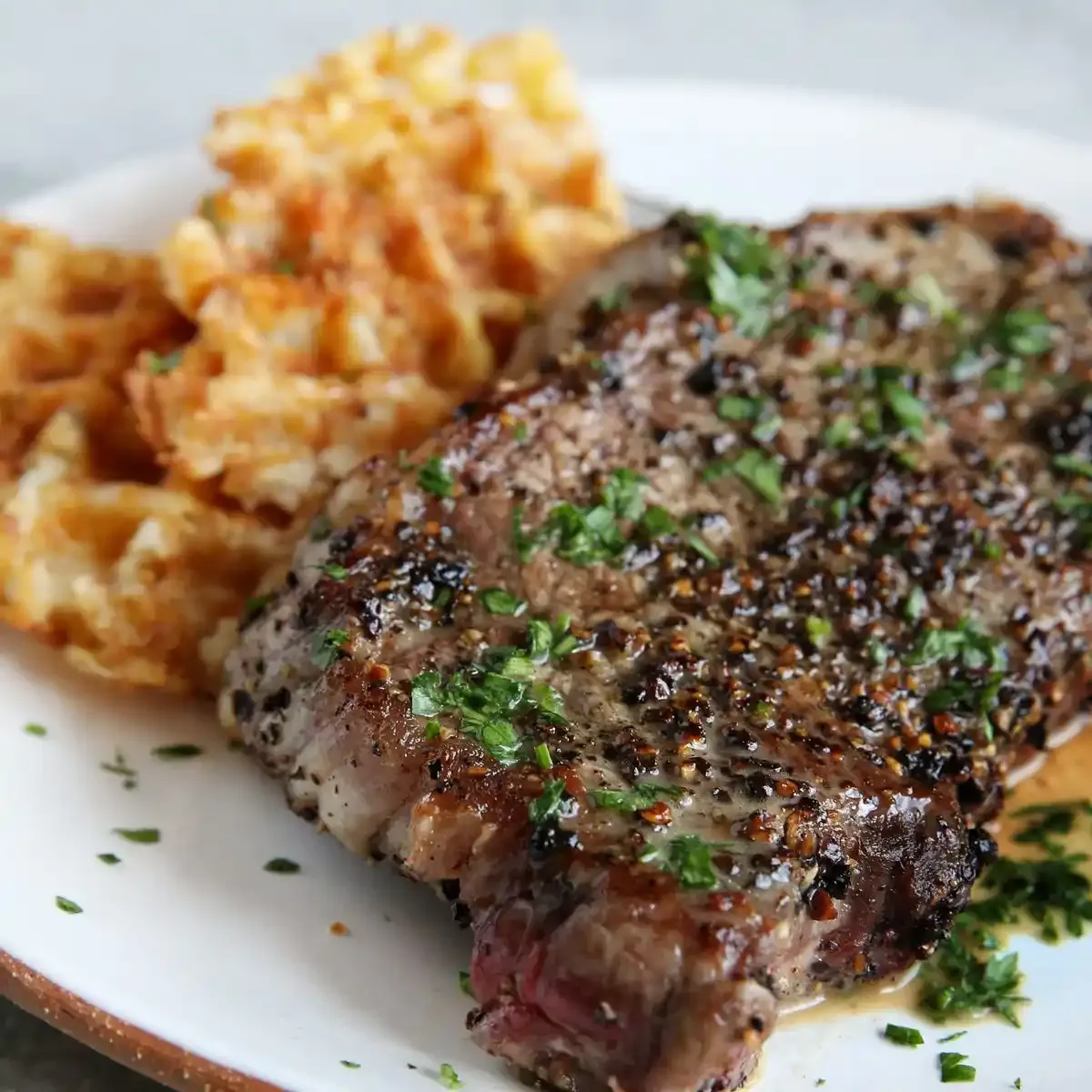 Steak au Poivre with Tater Tot Waffles