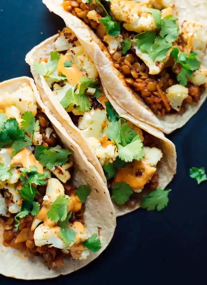 Roasted Cauliflower and Lentil Tacos with Creamy Chipotle Sauce