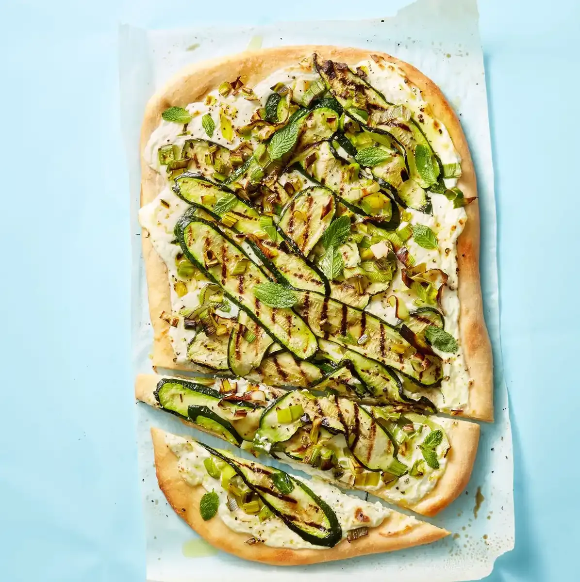 Grilled Leek, Zucchini, and Ricotta Pizza