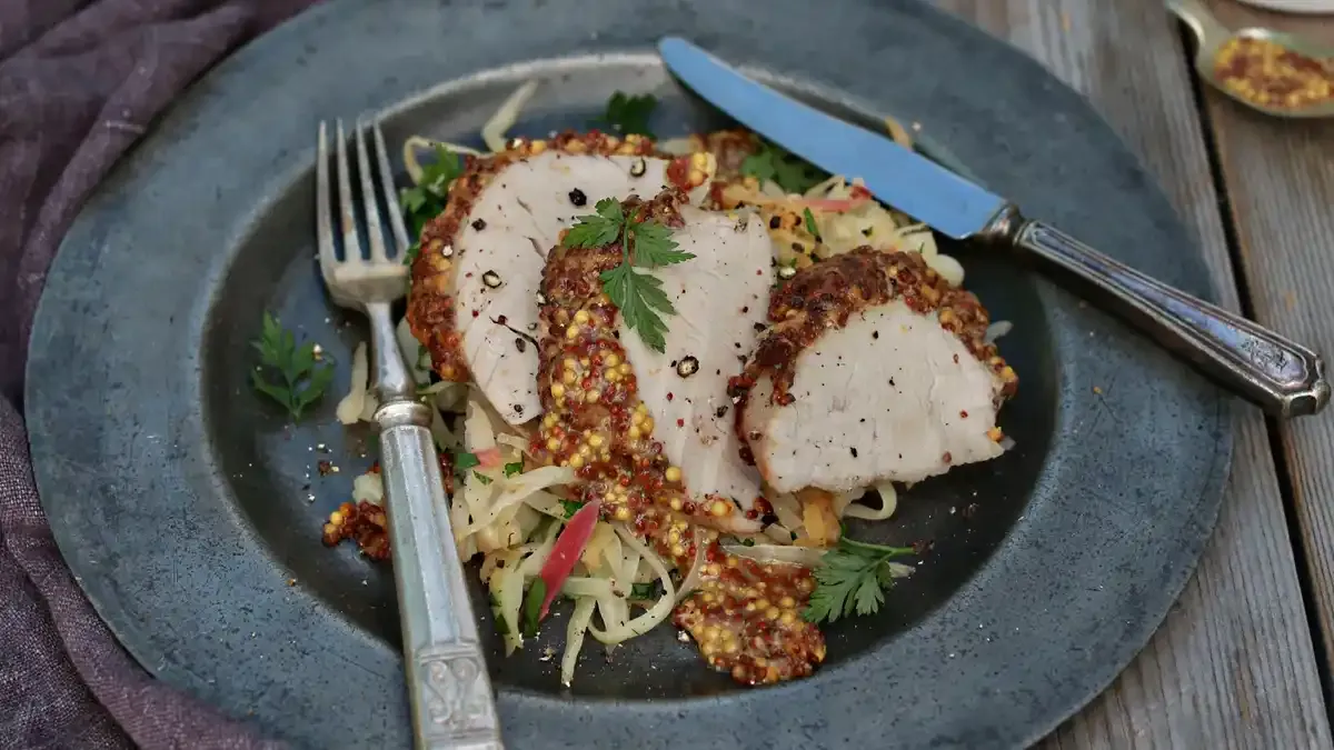 Mustard-Crusted Pork Loin With Apple–Cabbage Slaw