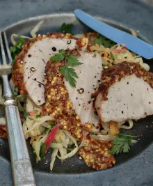 Mustard-Crusted Pork Loin With Apple–Cabbage Slaw