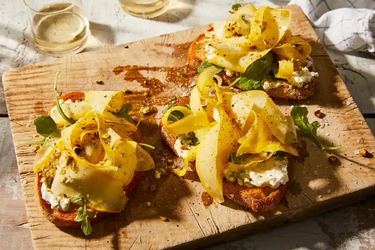 Summer Squash Toasts With Smashed Feta