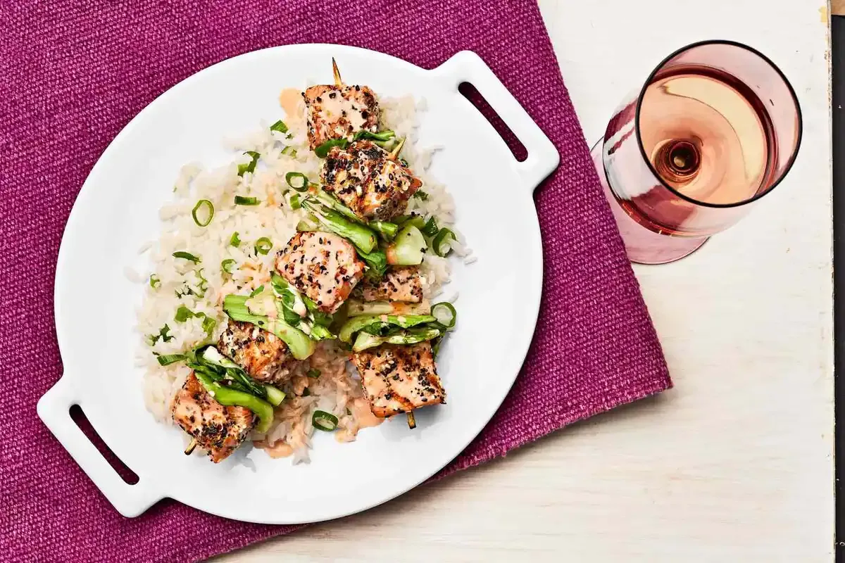 Everything Salmon Skewers With Sriracha Aïoli