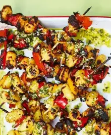 Crispy Gnocchi on a Skewer with Charred Bell Peppers & Basil Pesto