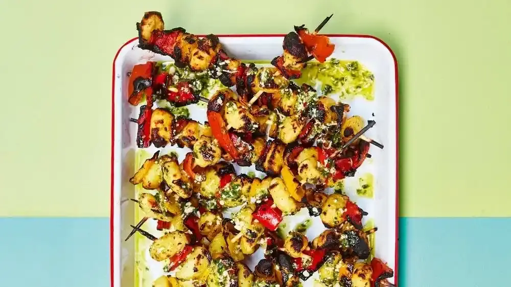 Crispy Gnocchi on a Skewer with Charred Bell Peppers & Basil Pesto