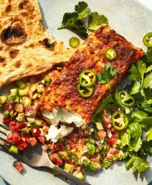 Spice-Roasted Halibut with Herbs and Tahini Salad