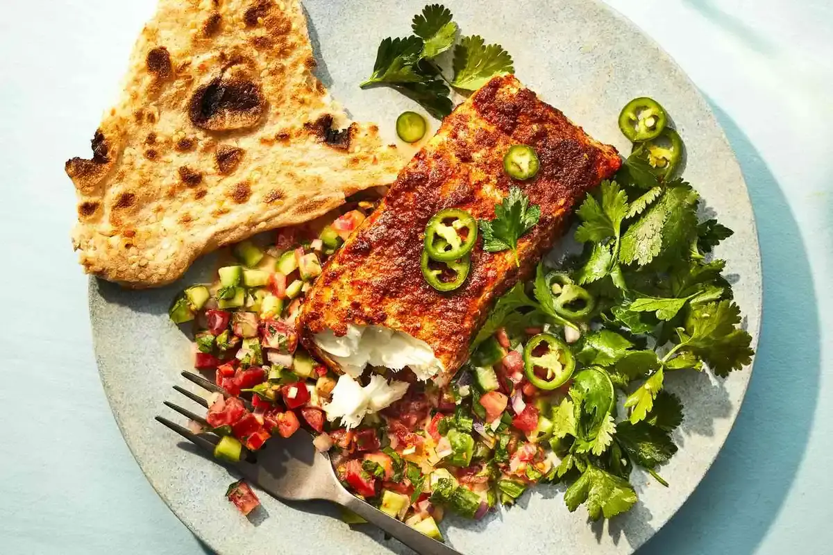 Spice-Roasted Halibut with Herbs and Tahini Salad