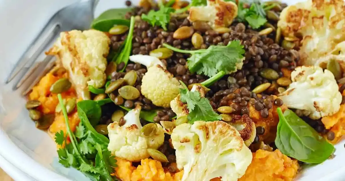 Roasted Cauliflower & Lentil Bowl with Sweet Potato Hummus