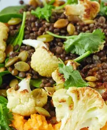 Roasted Cauliflower & Lentil Bowl with Sweet Potato Hummus