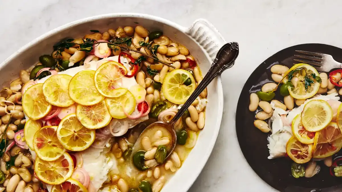 Roast Fish With Cannellini Beans and Green Olives