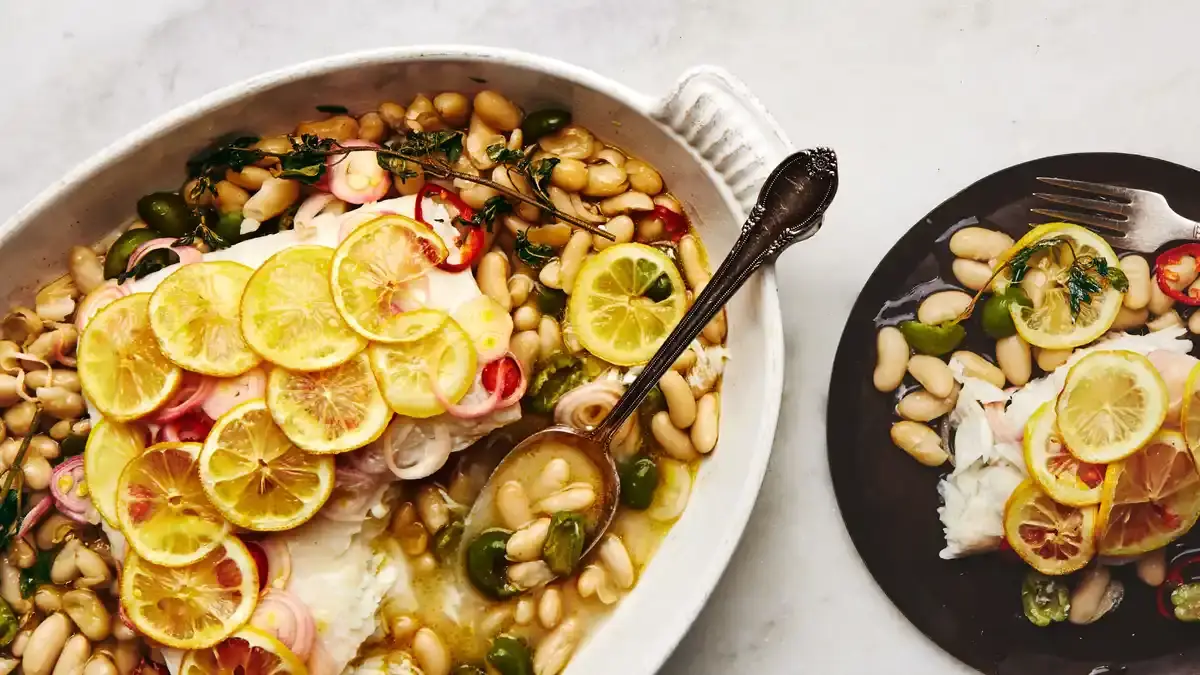Roast Fish with Cannellini Beans and Green Olives