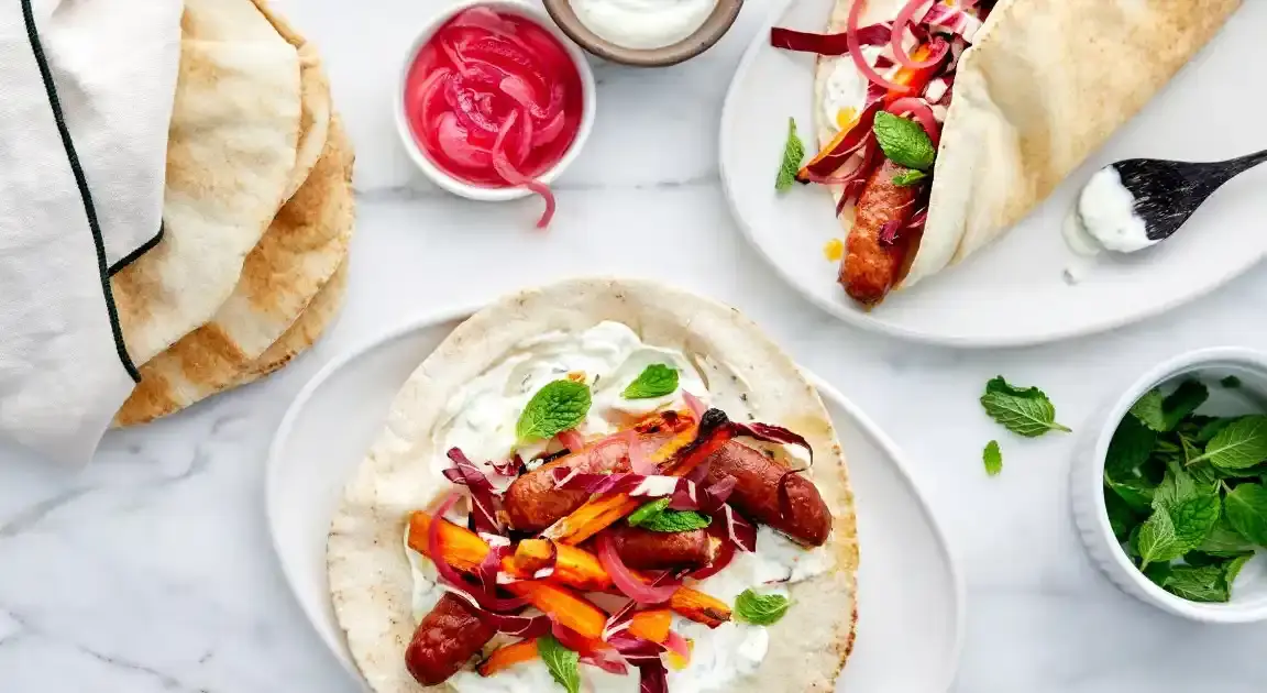 Sheet-Pan Merguez Sausages with Carrots & Yogurt