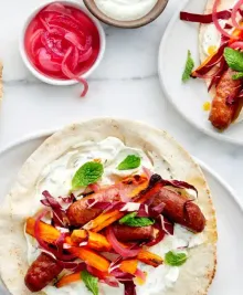 Sheet-Pan Merguez Sausages with Carrots & Yogurt