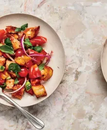 Tomato, Basil, and Cucumber Panzanella with Grated Tomato Balsamic Vinaigrette