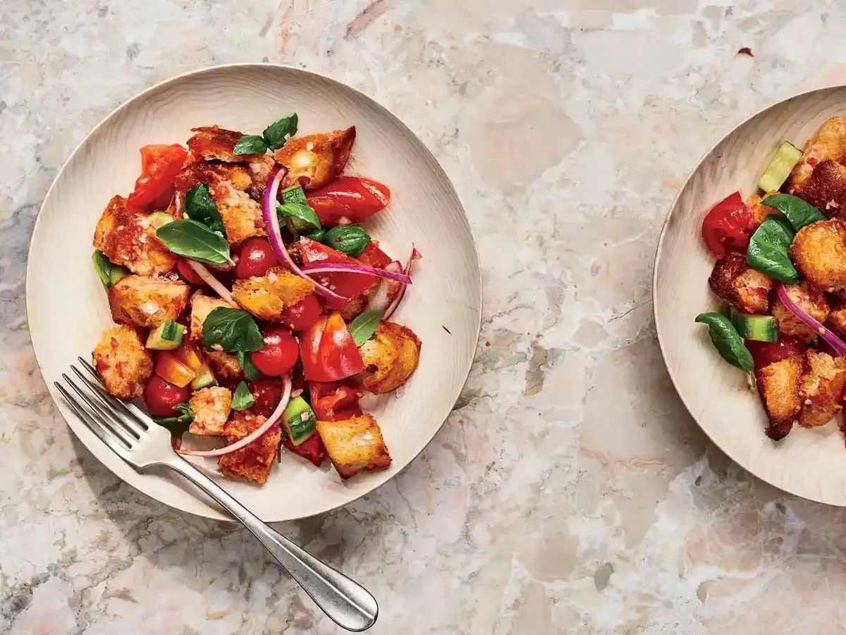 Tomato, Basil, and Cucumber Panzanella with Grated Tomato Balsamic Vinaigrette