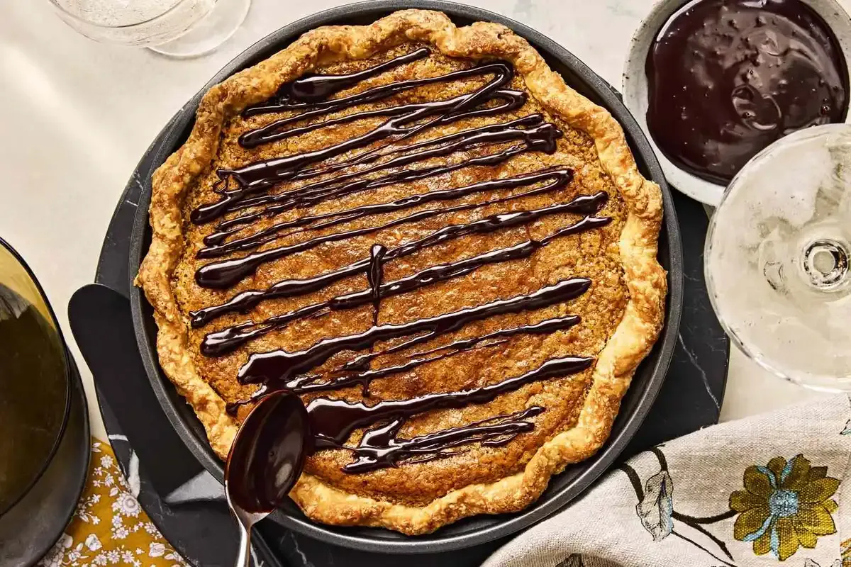 Peanut Butter Chess Pie with Fudge Drizzle