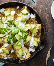 Skillet Chicken and Zucchini Enchiladas with Tomatillo Sauce