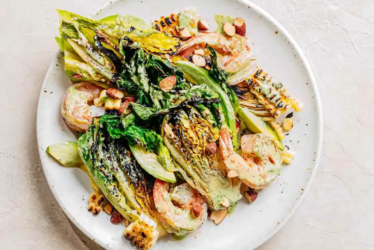 Grilled Shrimp and Lettuces with Charred Green Goddess Dressing