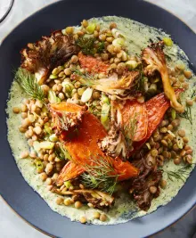 Roasted Sweet Potato Dinner with Mushrooms, Lentils, and Feta-Tahini Sauce