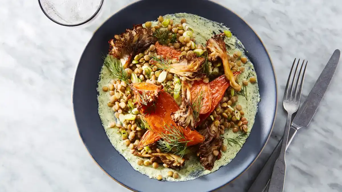 Roasted Sweet Potato Dinner with Mushrooms, Lentils, and Feta-Tahini Sauce