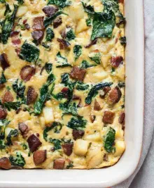 Paleo Breakfast Casserole with Bacon, Sausage, Sweet Potato, and Kale