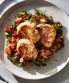 Pork Medallions with Prosciutto, Arugula, and Tomatoes
