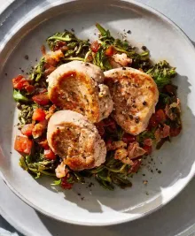 Pork Medallions with Prosciutto, Arugula, and Tomatoes