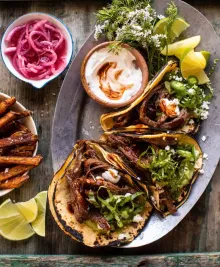 Crockpot Carne Asada Tacos with Cilantro Lime Garlic Sauce