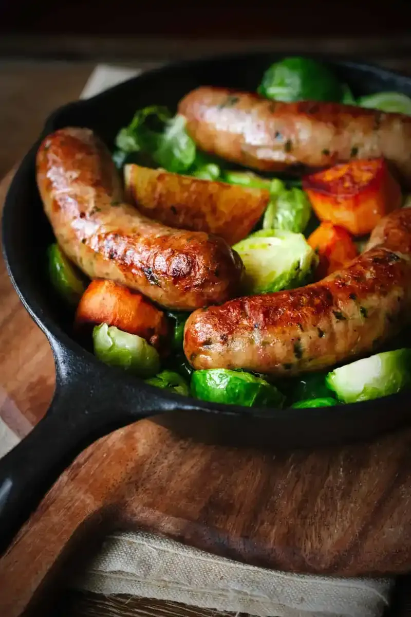 Roasted Chicken Sausages with Brussels Sprouts, Fennel and Potatoes