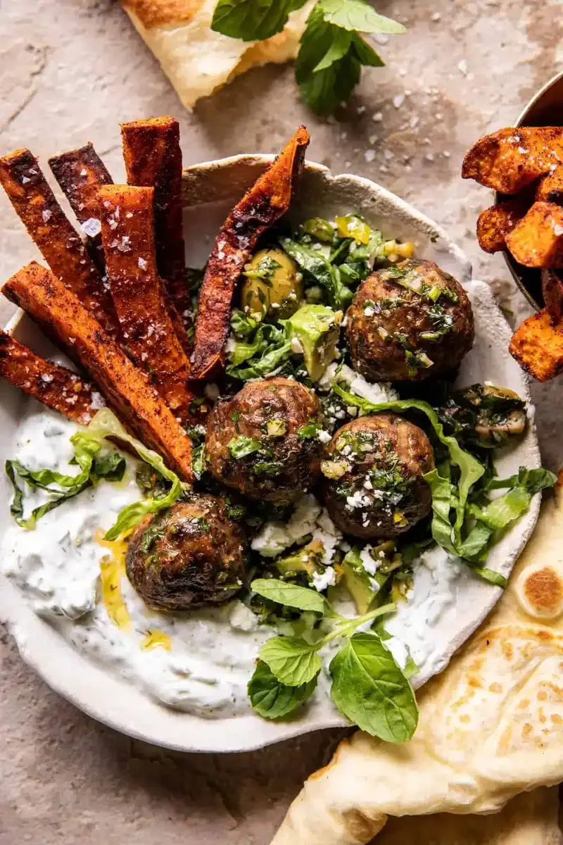 Sheet Pan Greek Meatballs and Tzatzik