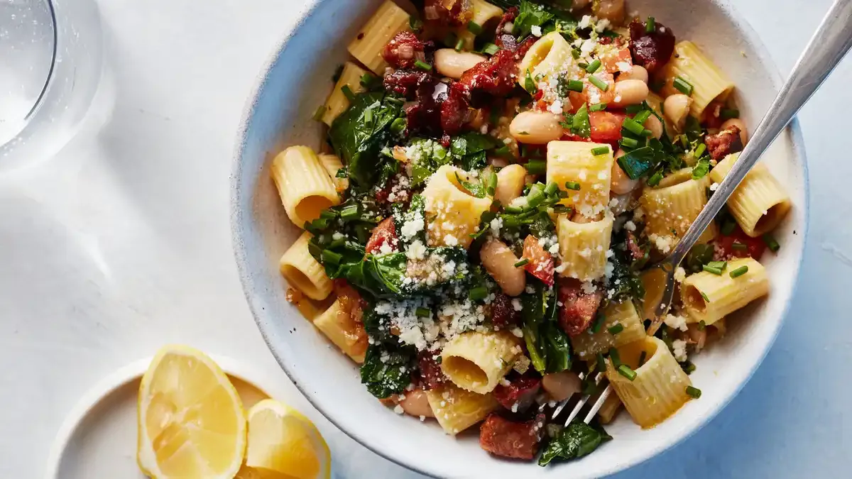 Pasta With Andouille Sausage, Beans and Greens