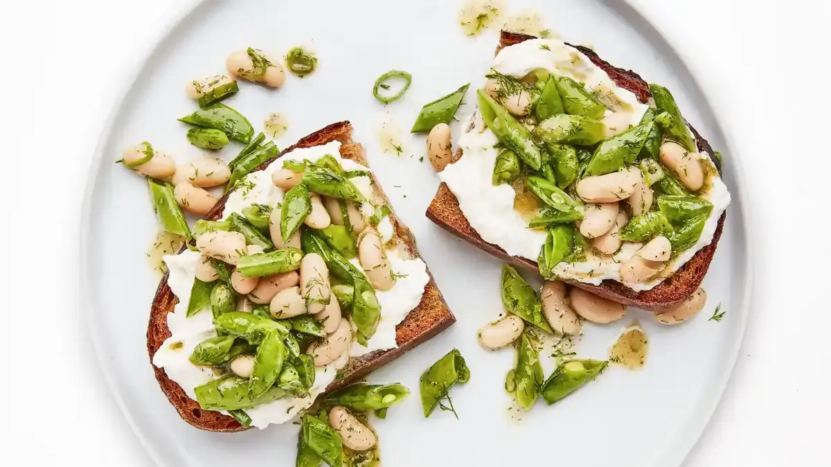 Dilly Beans and Peas on Ricotta Toast